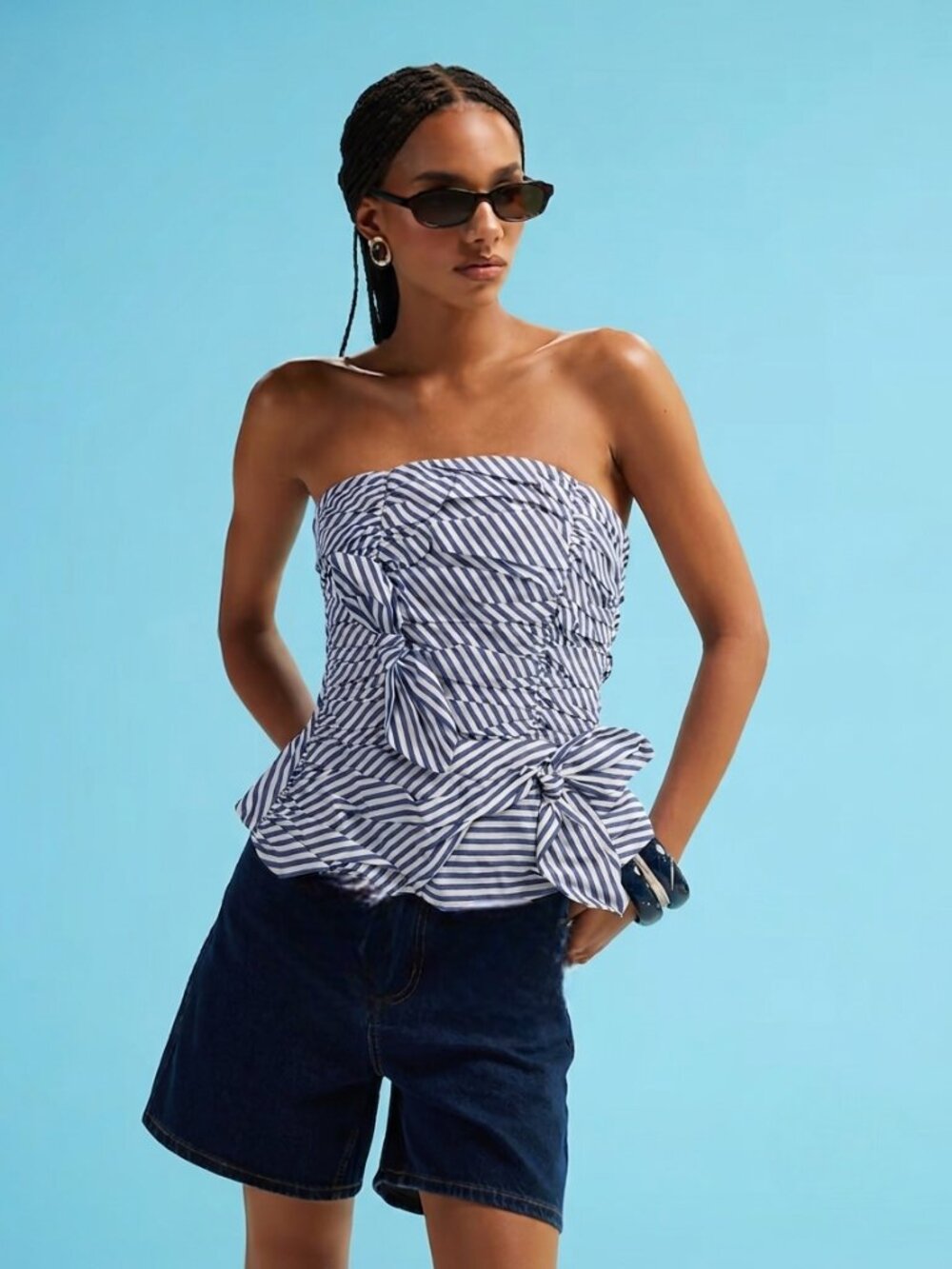 ASOS Blue White Stripe Strapless Tube Corset Top Lace-Up Bow Pleated 05340911